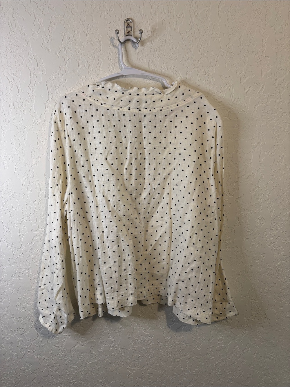 Flax Linen Cream Button-Front Polka Dot Ruffle Neck Blouse - Picture 8 of 8